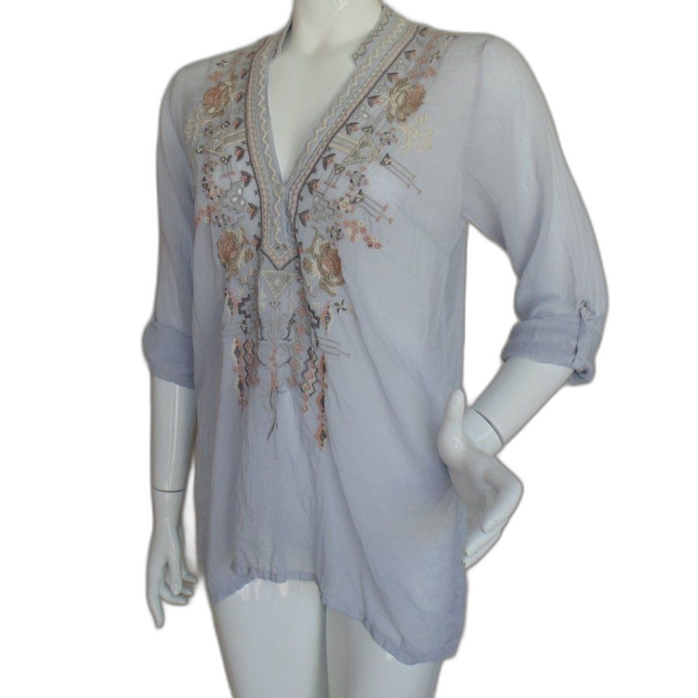 JOHNNY WAS Tunic, M, Taupe/gray, Embroidered, Long/Tab sleeve, Floral & Geo - Picture 5 of 12